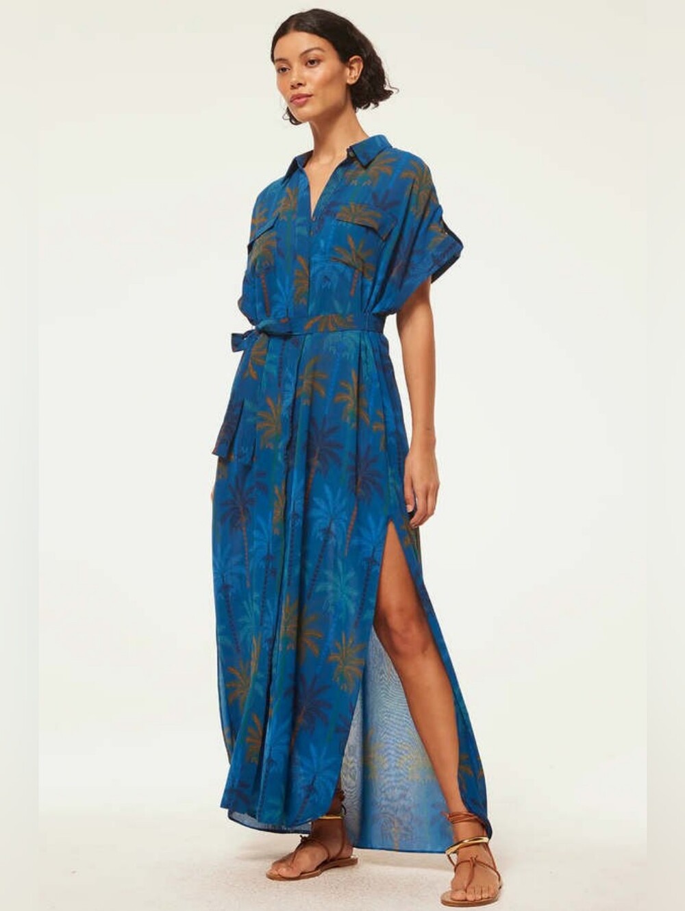 Misa Los Angeles Blue Palm Print Maxi Shirtdress XS New